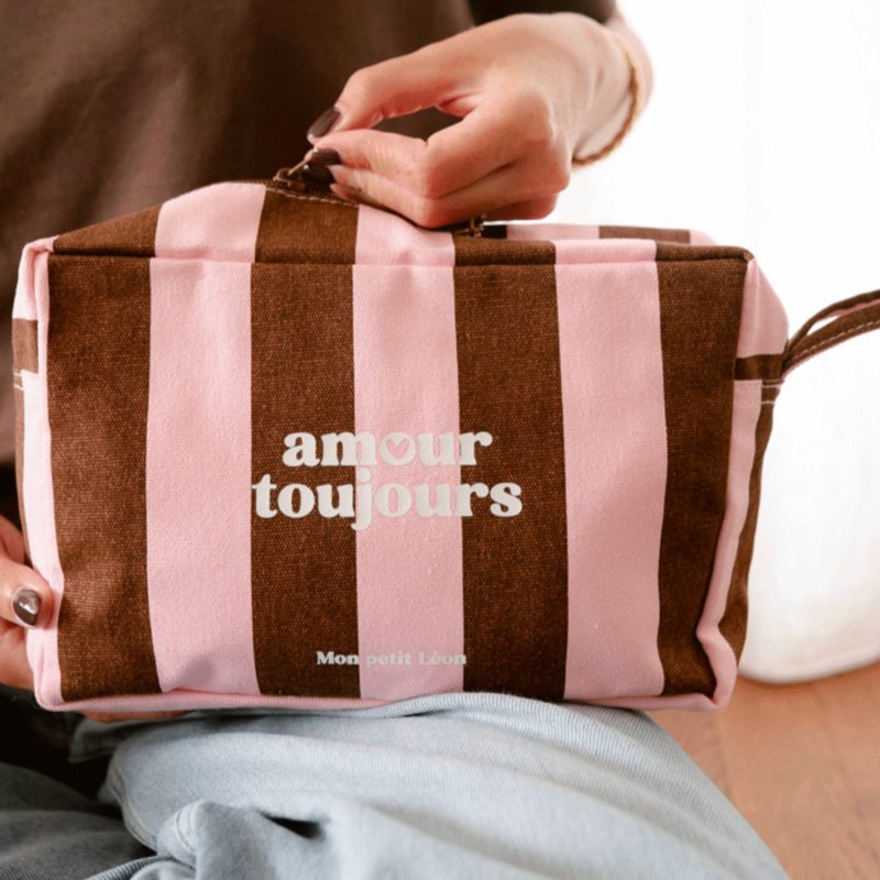 Trousse de toilette rayures roses Amour toujours