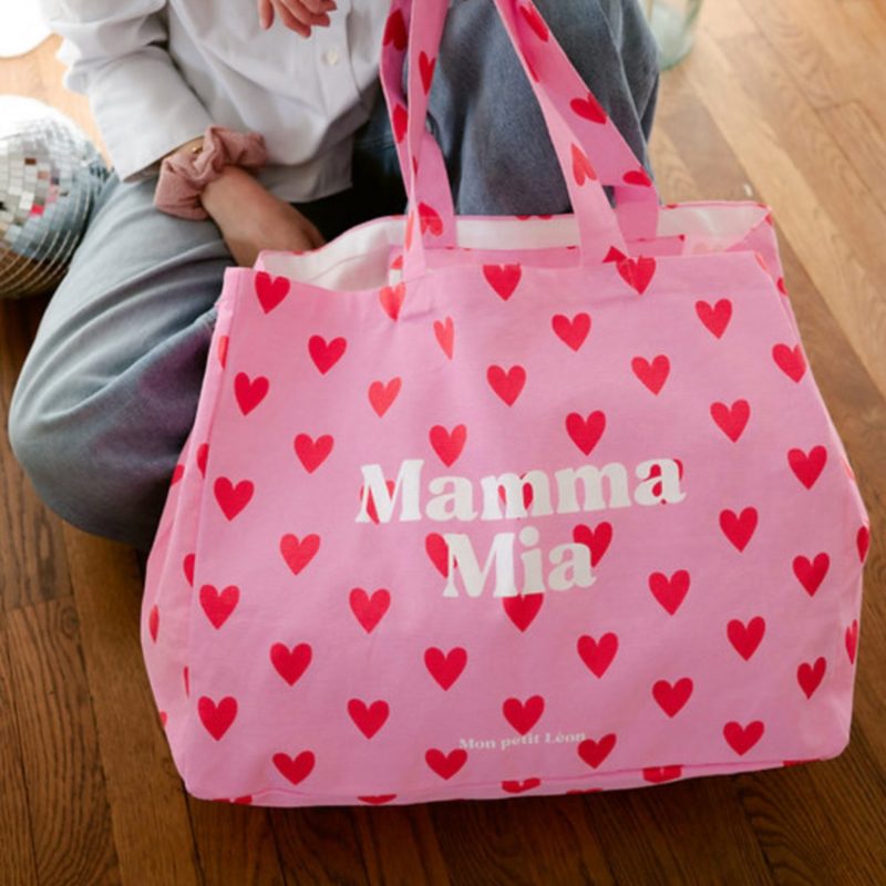 Sac cabas XXL Mamma mia rose coeurs rouges