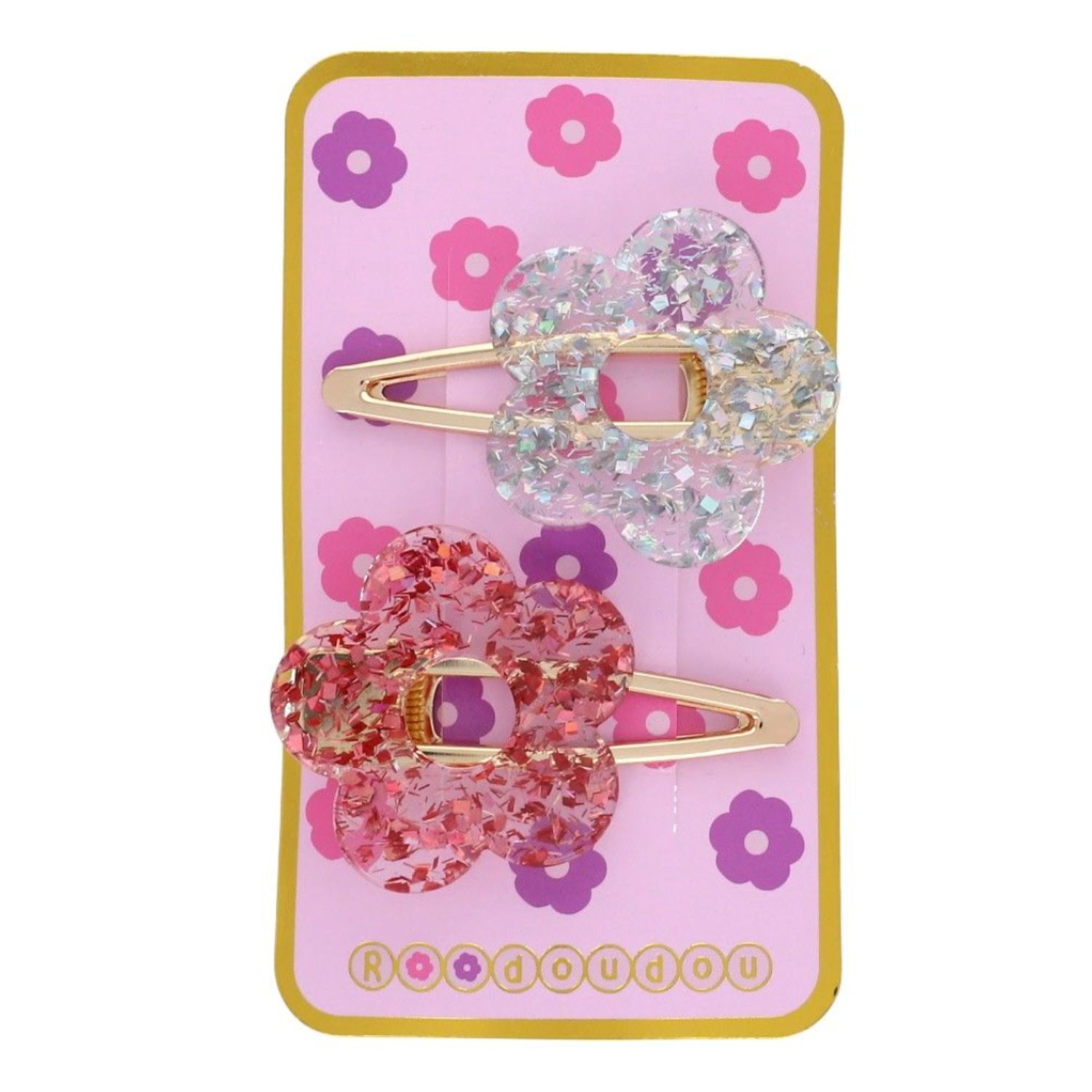 2 barrettes fleur glitter rose silver
