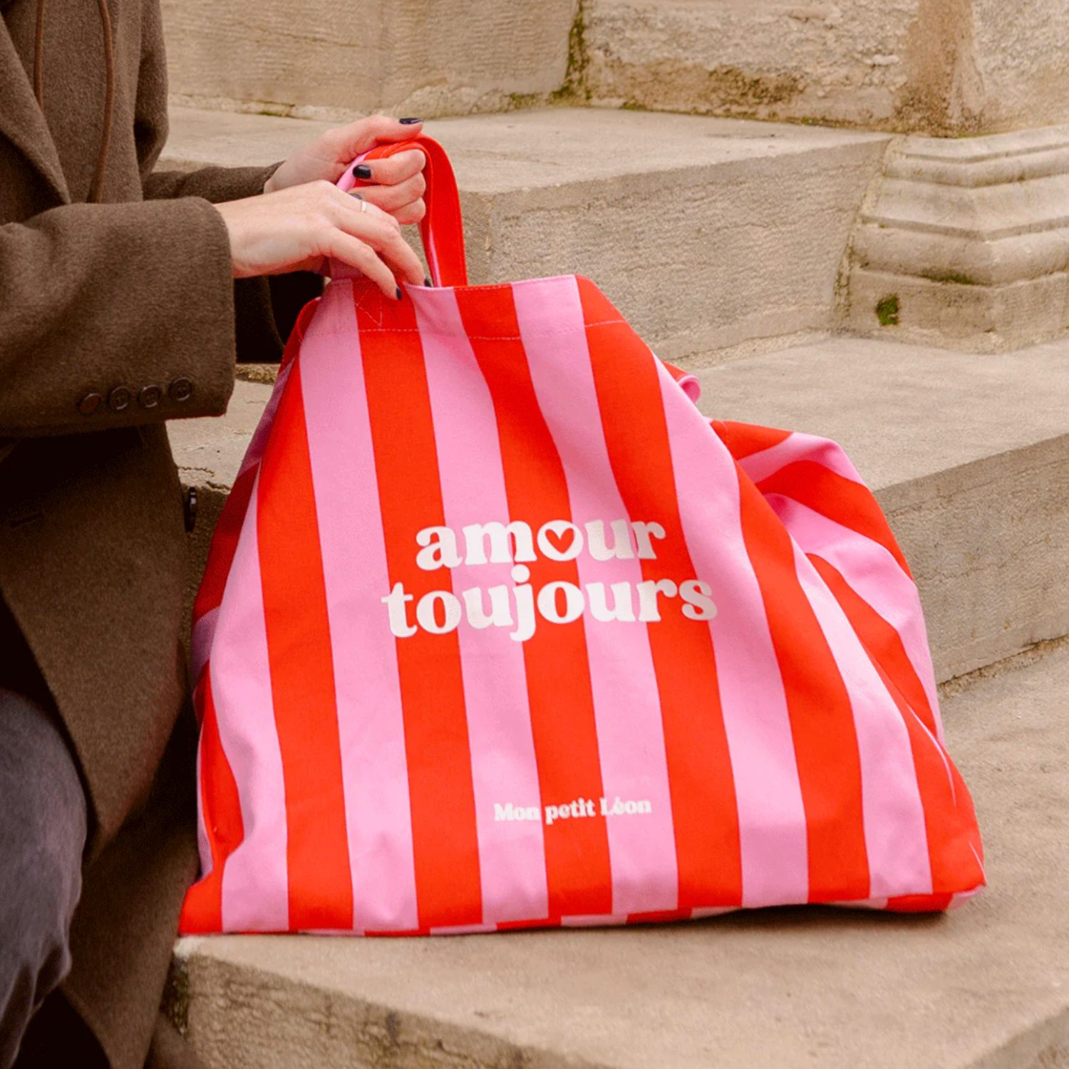 Cabas XXL rayures Rouge/rose "Amour toujours"