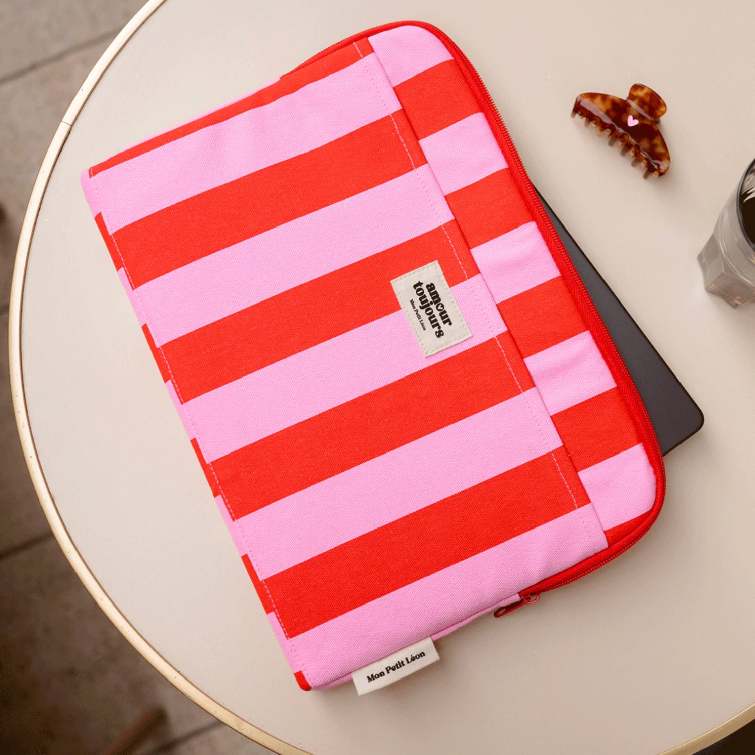 Pochette ordi rayures rose/rouge