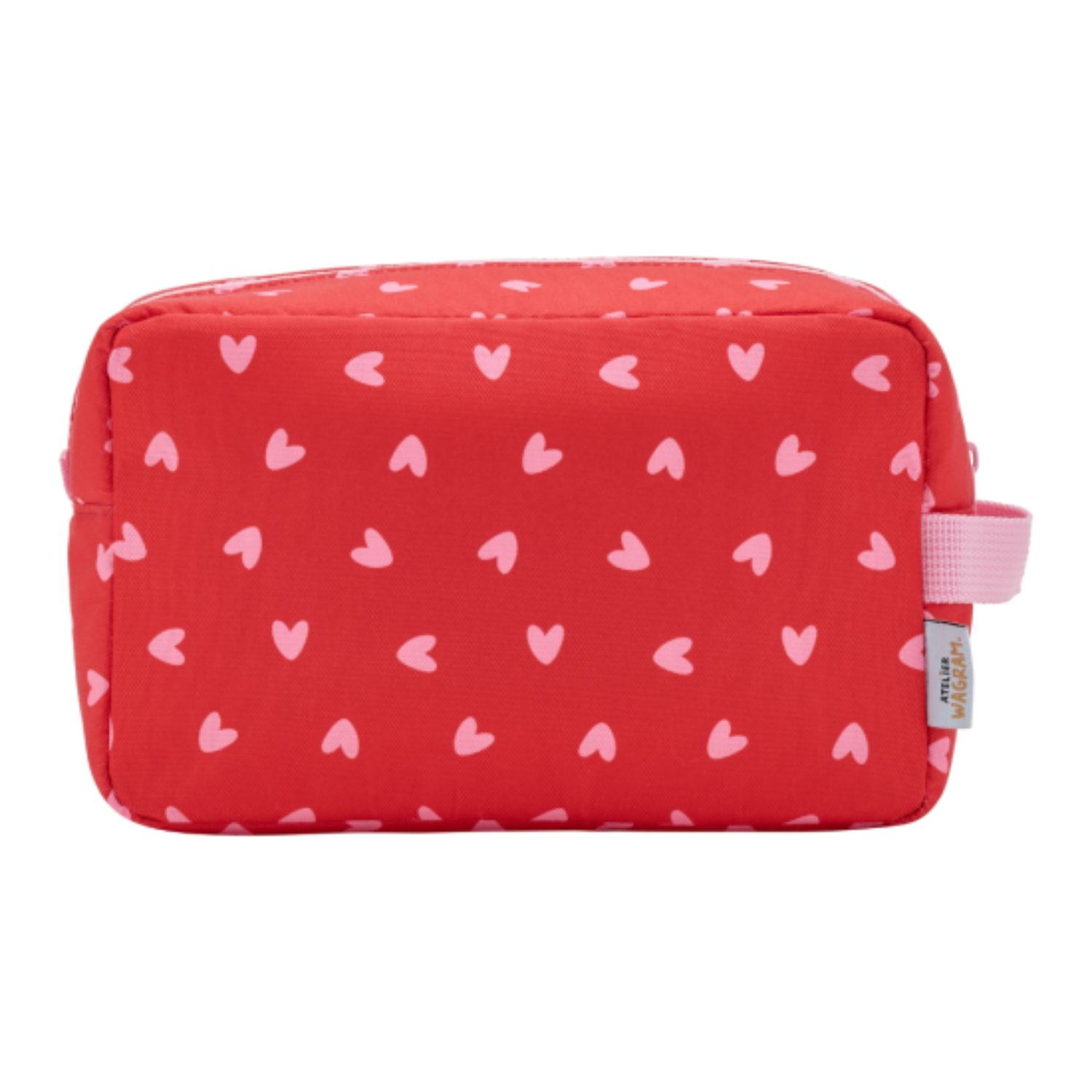 Trousse de toilette coeurs roses fond rouge