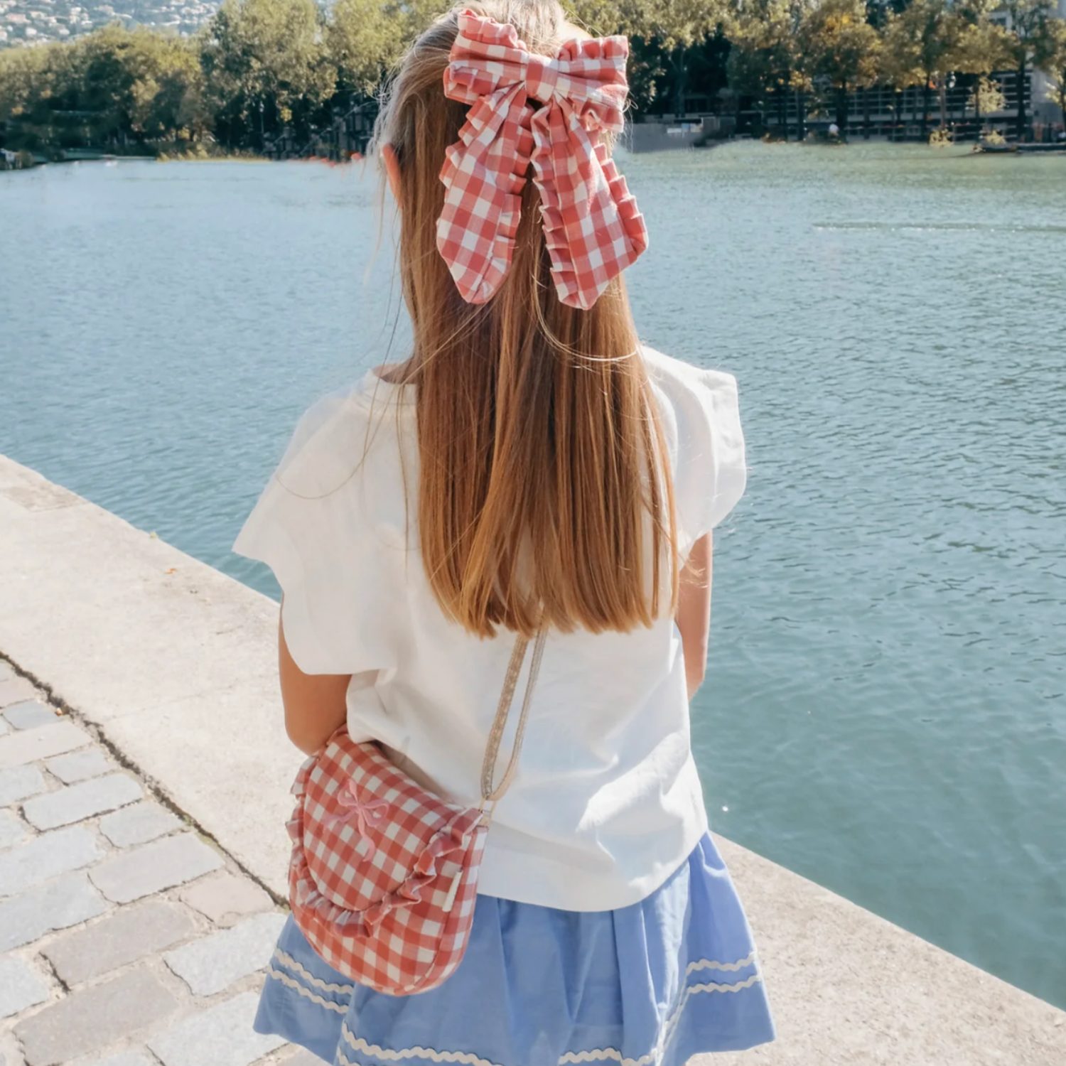 Gingham ruffle long bow clip – Image 3
