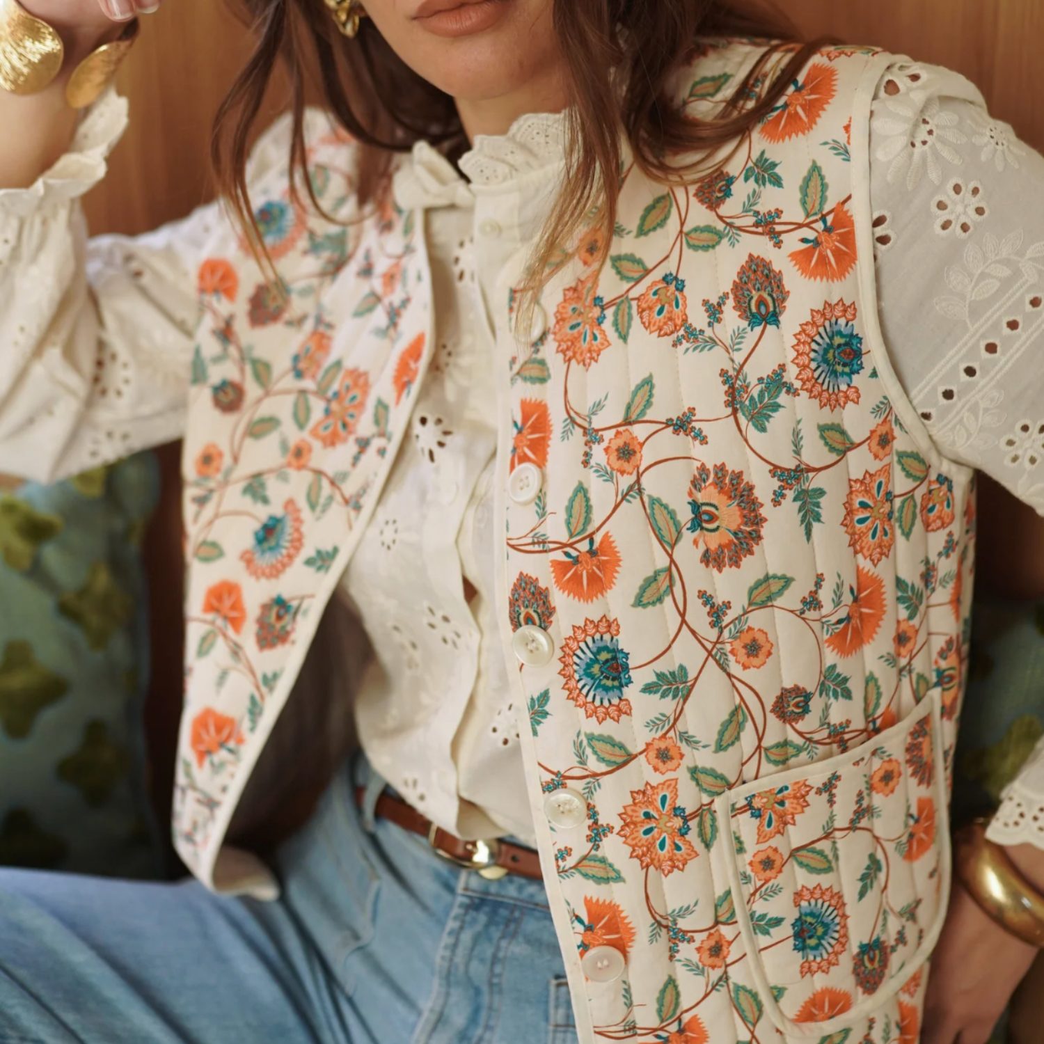 Veste Martie sans manches beige fleurs - S/M