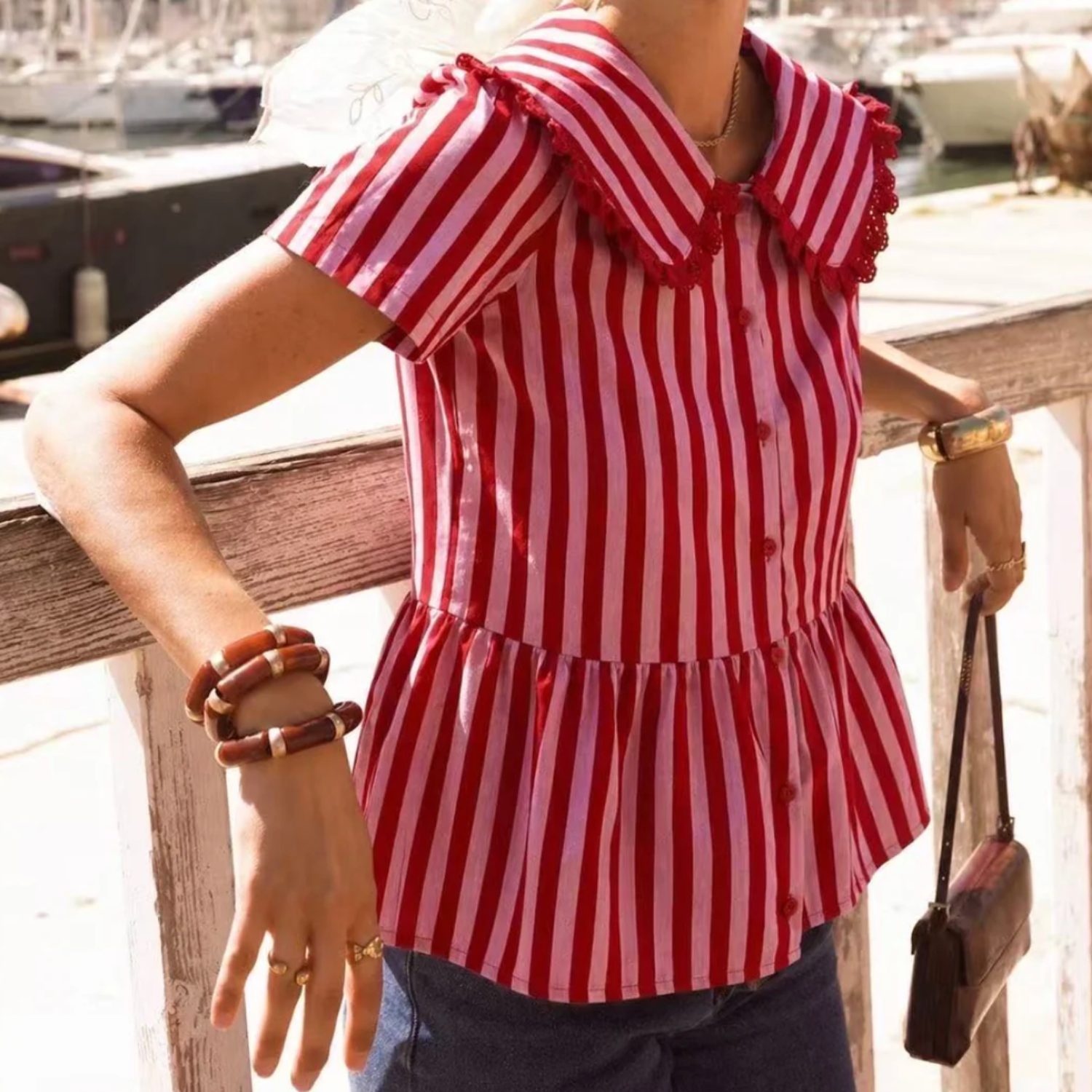 Chemise rayée col rouge - L