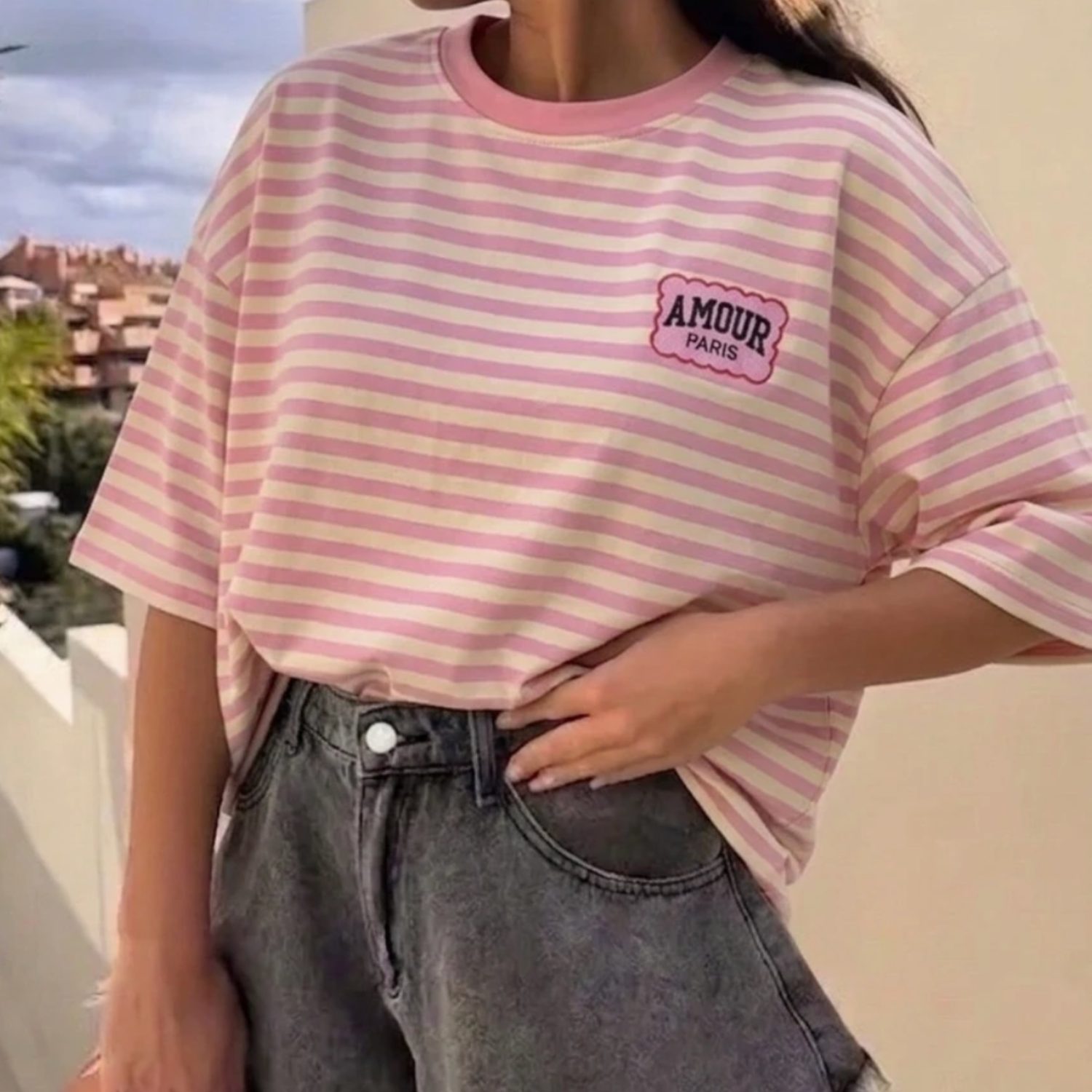 T-shirt stripes rose/jaune Amour Paris