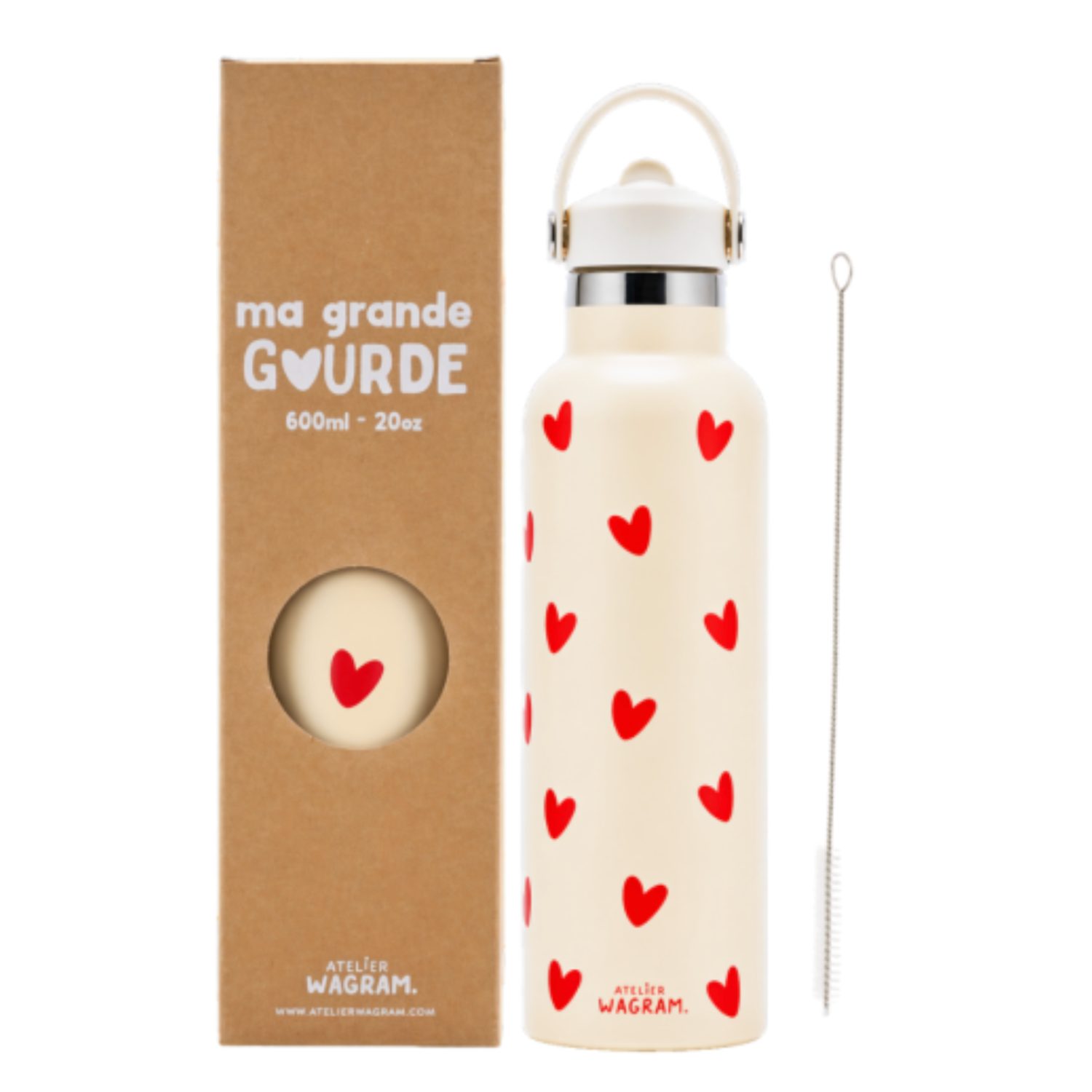 Gourde 600 ml écru coeurs rouges