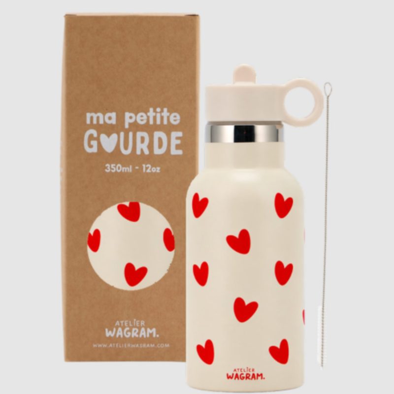 Gourde 350 ml écru coeurs rouges