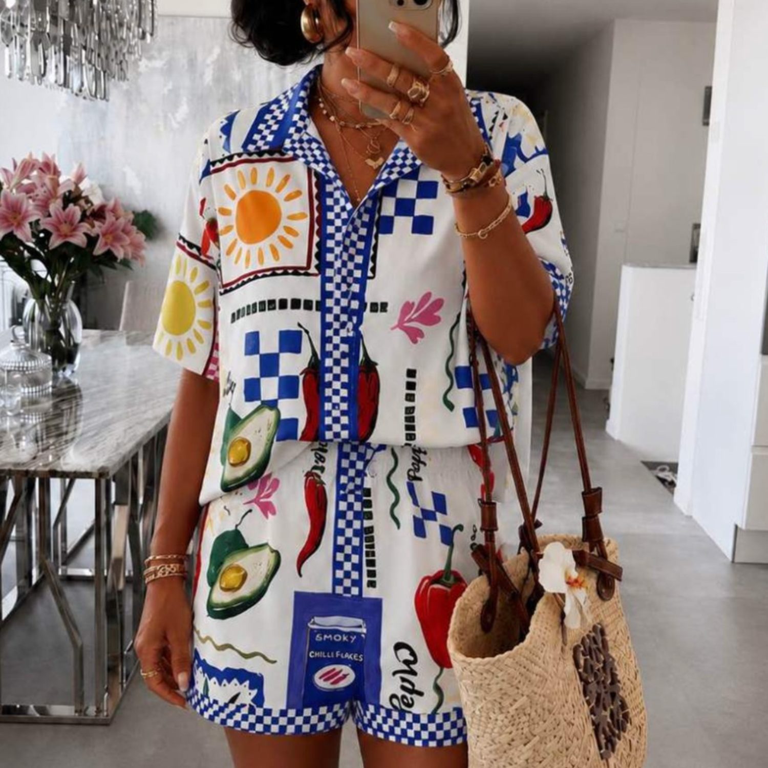 Ensemble bleu chemise/short légumes damier
