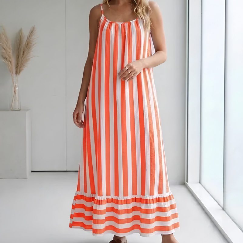 Robe longue rayée en gaze de coton – Orange
