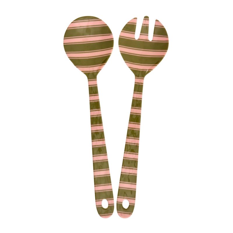 Lot de 2 couverts à salade en mélamine – Stripe Vert & Rose