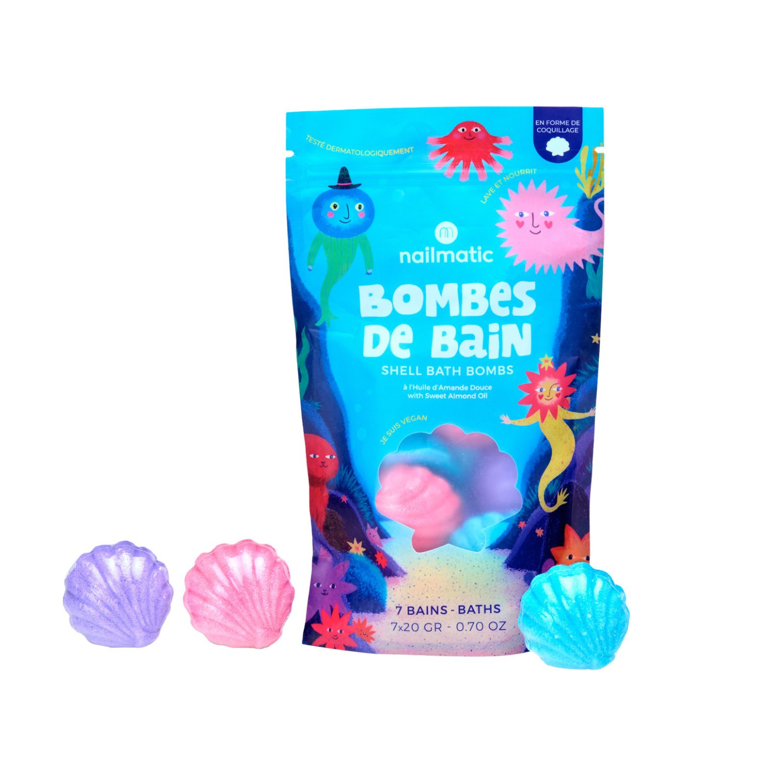 Coffret 7 bombes de bain coquillage – Bleu, Rose et Violet