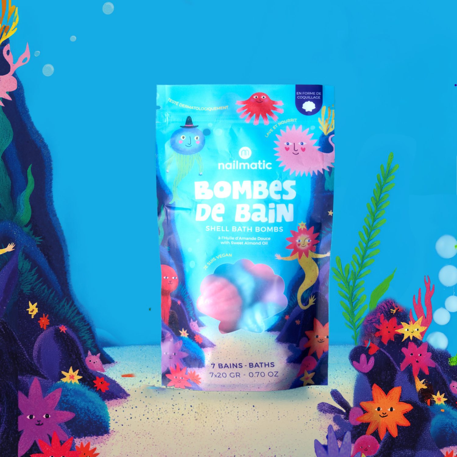 Coffret 7 bombes de bain coquillage – Bleu, Rose et Violet – Image 3