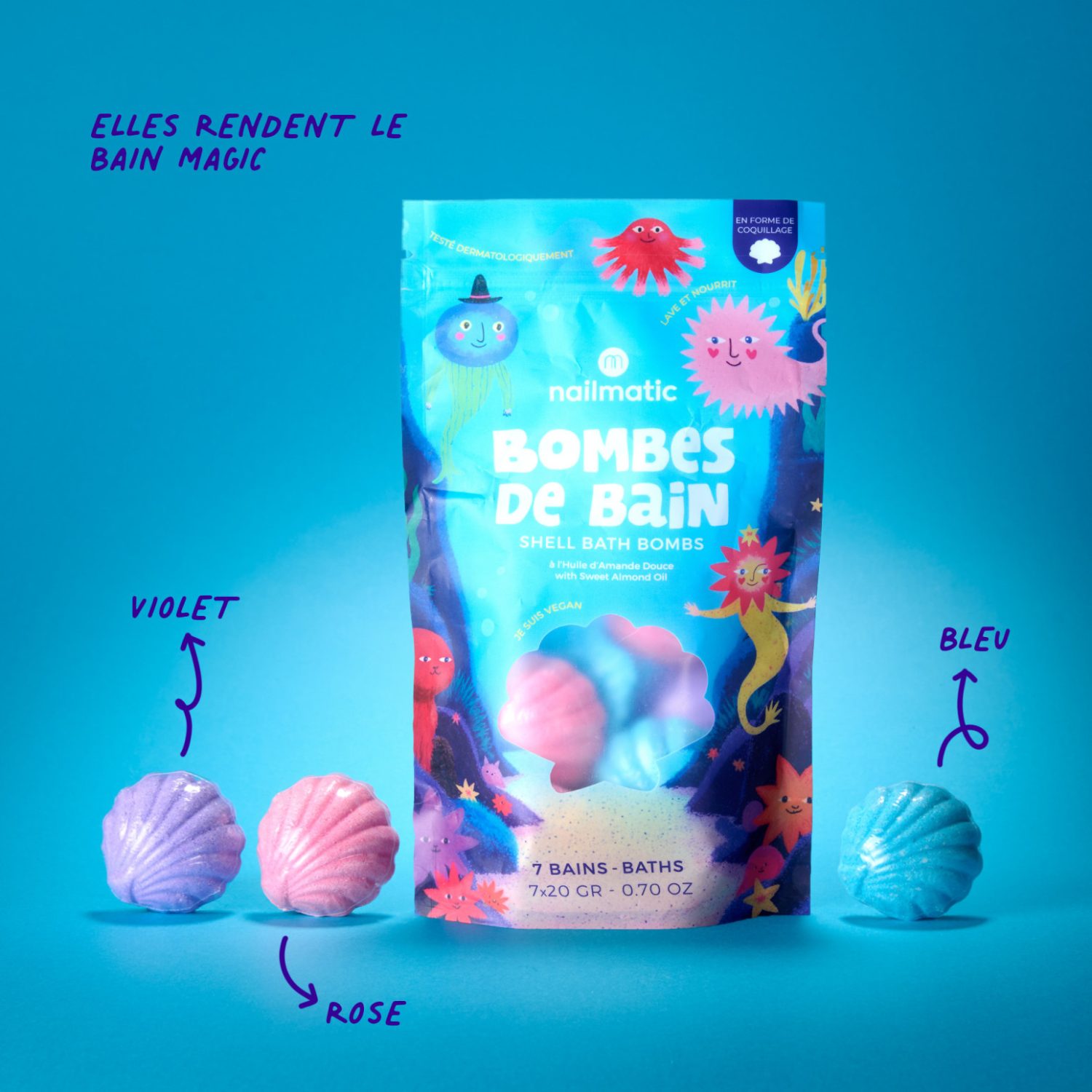 Coffret 7 bombes de bain coquillage – Bleu, Rose et Violet – Image 2