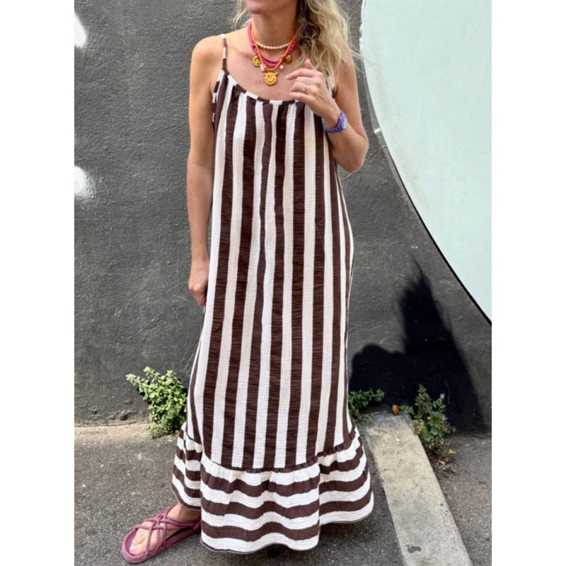 Robe longue rayée en gaze de coton – Marron