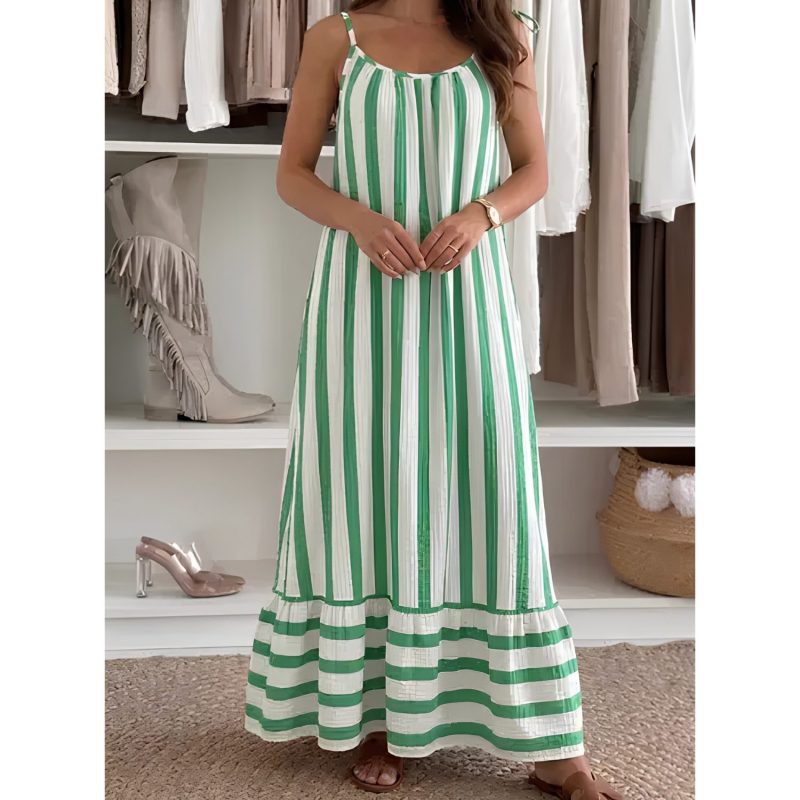 Robe longue rayée en gaze de coton – Verte