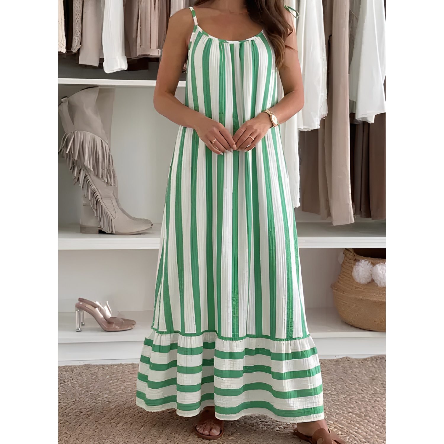 Robe longue rayée en gaze de coton – Verte