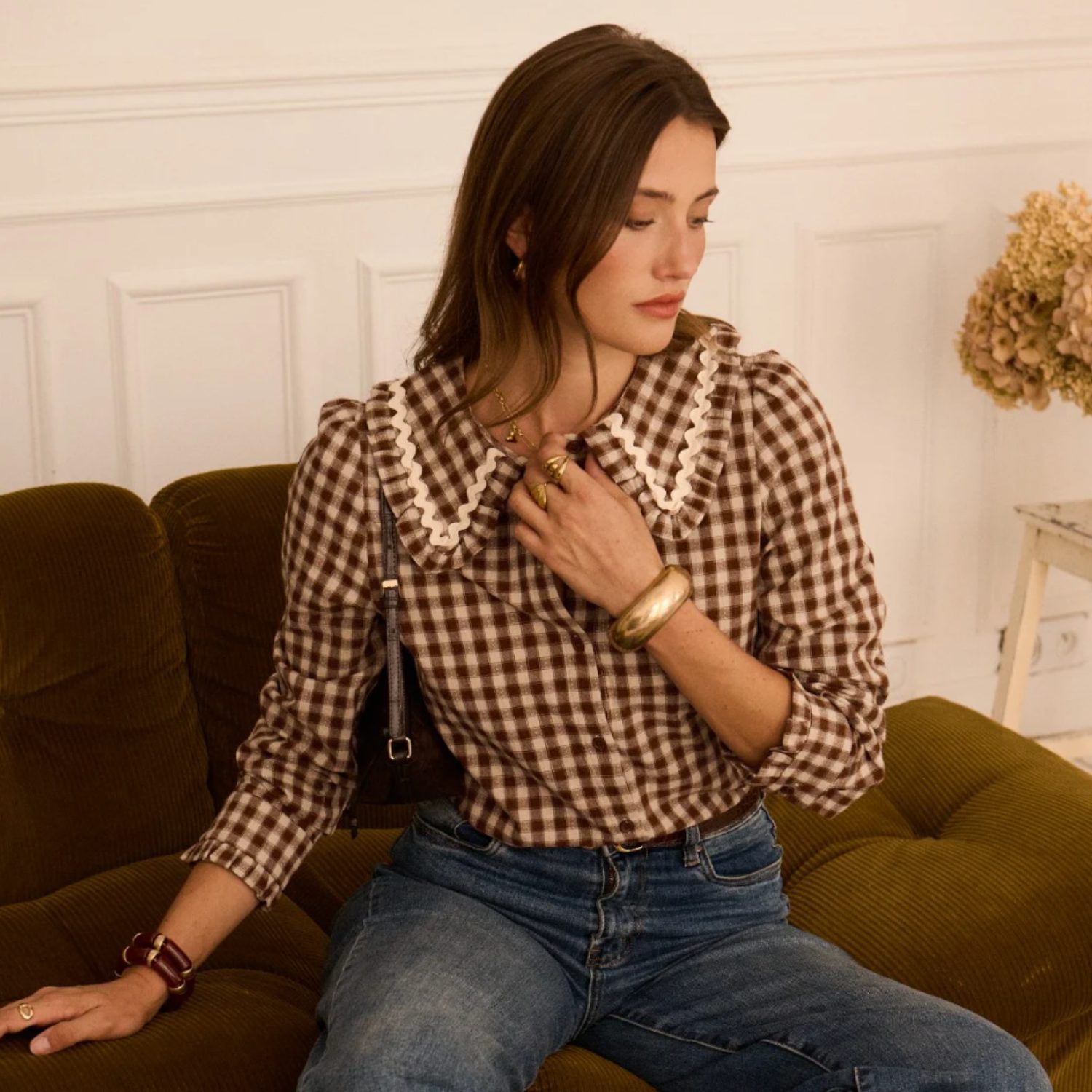 Chemise à carreaux marron col claudine brodé TU – Image 3