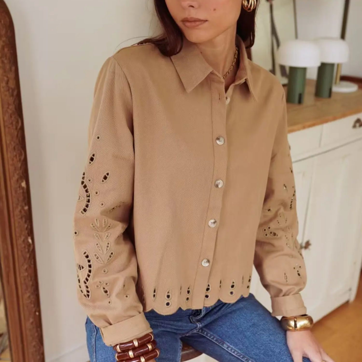 Chemise camel manches brodées M/L