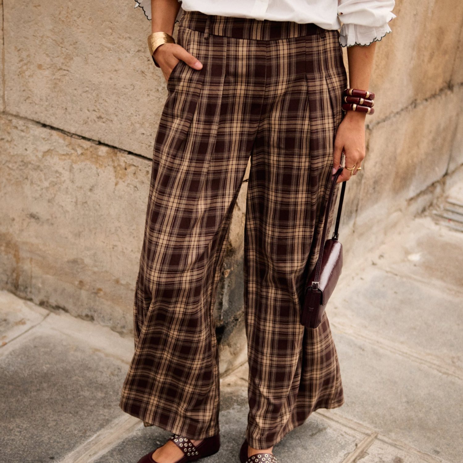 Pantalon à carreaux marron T.L